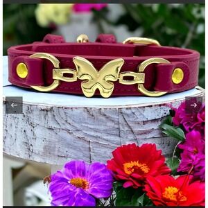 Butterfly Handmade Leather Dog Collar  XL Red Violet New